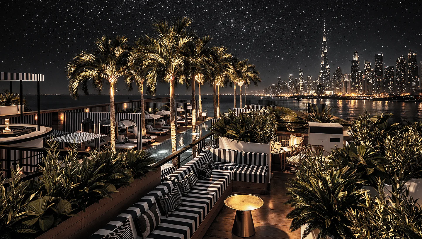 View from 2F Deck 1 — vista notturna sulla skyline